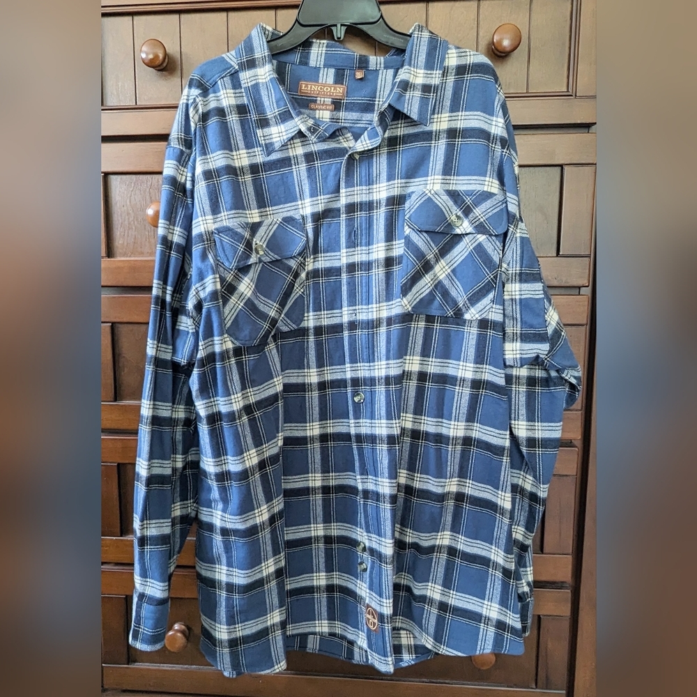 Men's Lincoln Outfitters 4XLT Long Sleeve Flannel Pattern Shirt Blue White Black